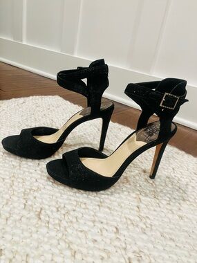 NWOT Vince Camuto Faunora Black Glitter Ankle-Strap Stiletto Heels (Sz 8M/38)